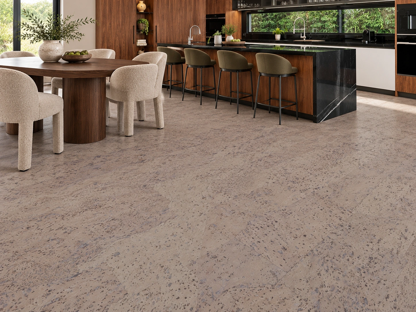 Travertine installed flooring in a furnished daylight interior; accurate product scale visualization (FTrav11)