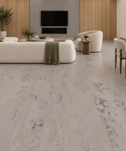 Umber Grey installed flooring in a furnished daylight interior; accurate product scale visualization (FUG11)