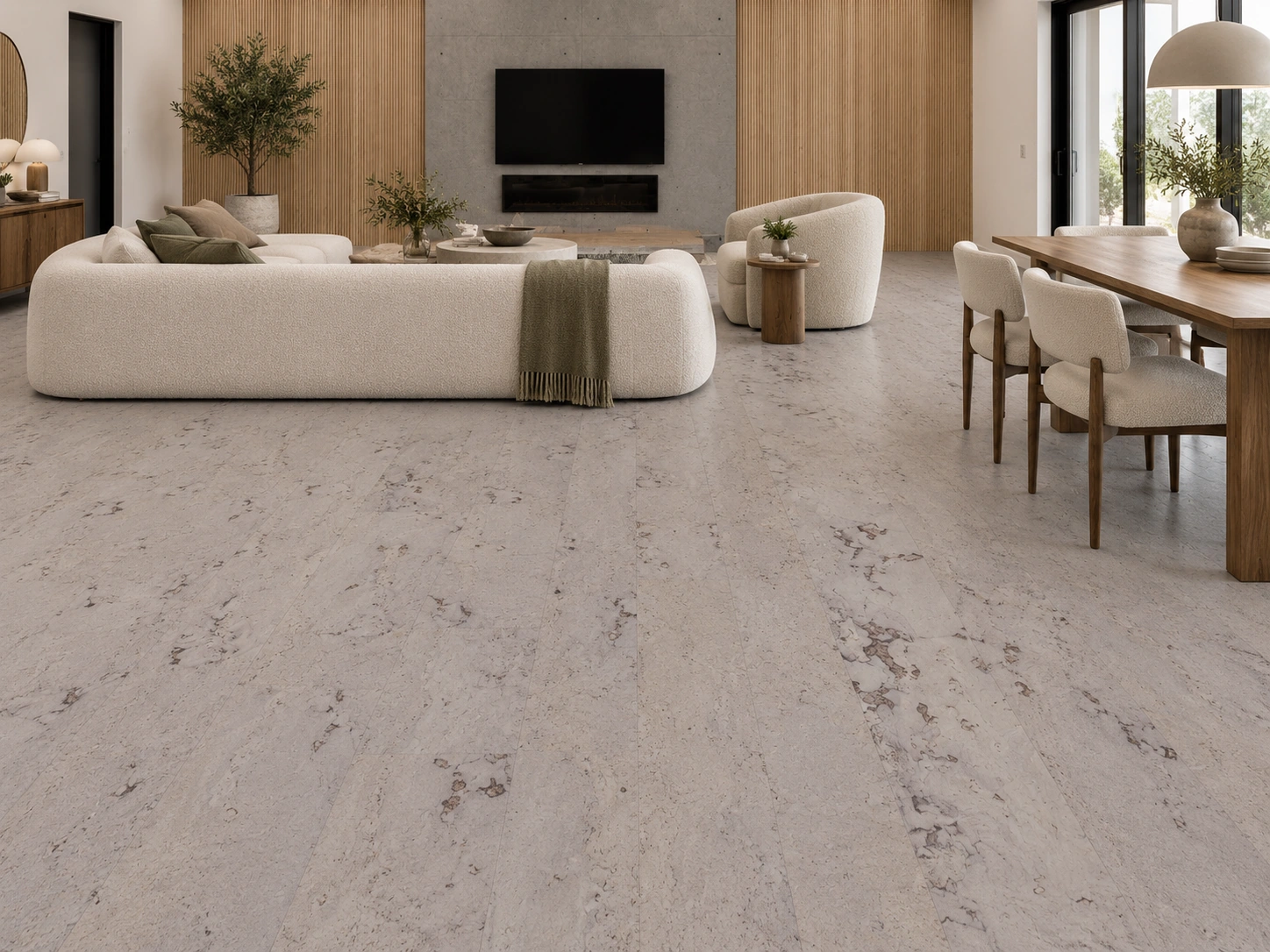 Umber Grey - 7/16&Quot; (11Mm) - Swiss Real Cork Floating (Fug11) Umber Grey Installed Flooring In A Furnished Daylight Interior; Accurate Product Scale Visualization (Fug11)