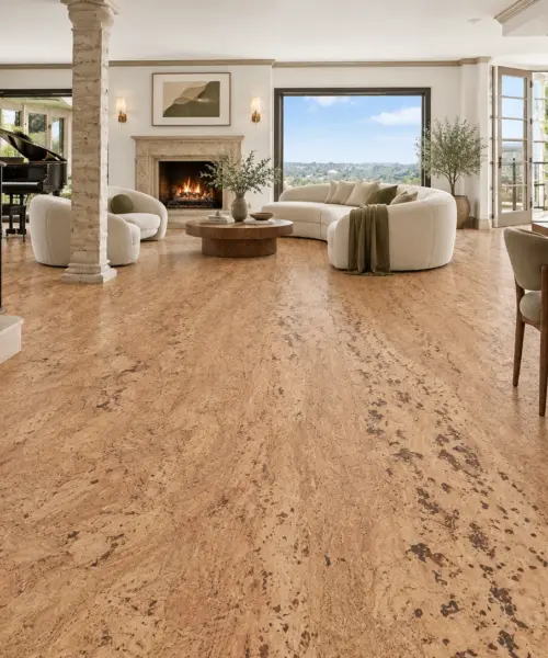 Umber installed flooring in a furnished daylight interior; accurate product scale visualization (FUmb11)
