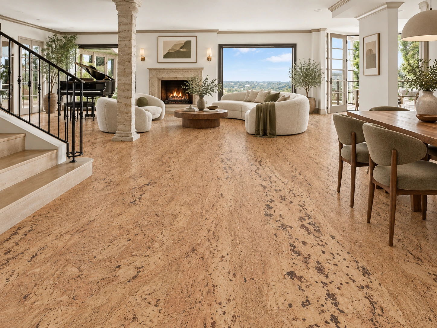 Umber - 7/16&Quot; (11Mm) - Swiss Real Cork Floating (Fumb11) Umber Installed Flooring In A Furnished Daylight Interior; Accurate Product Scale Visualization (Fumb11)