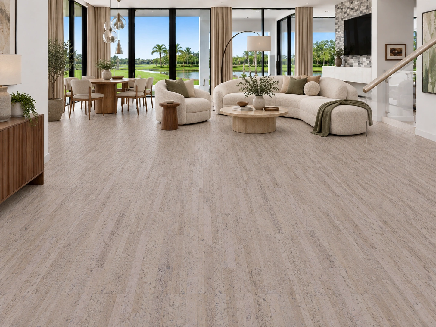 Vertical - 7/16&Quot; (11Mm) - Swiss Real Cork Floating (Fvtc11) Vertical Installed Flooring In A Furnished Daylight Interior; Accurate Product Scale Visualization (Fvtc11)