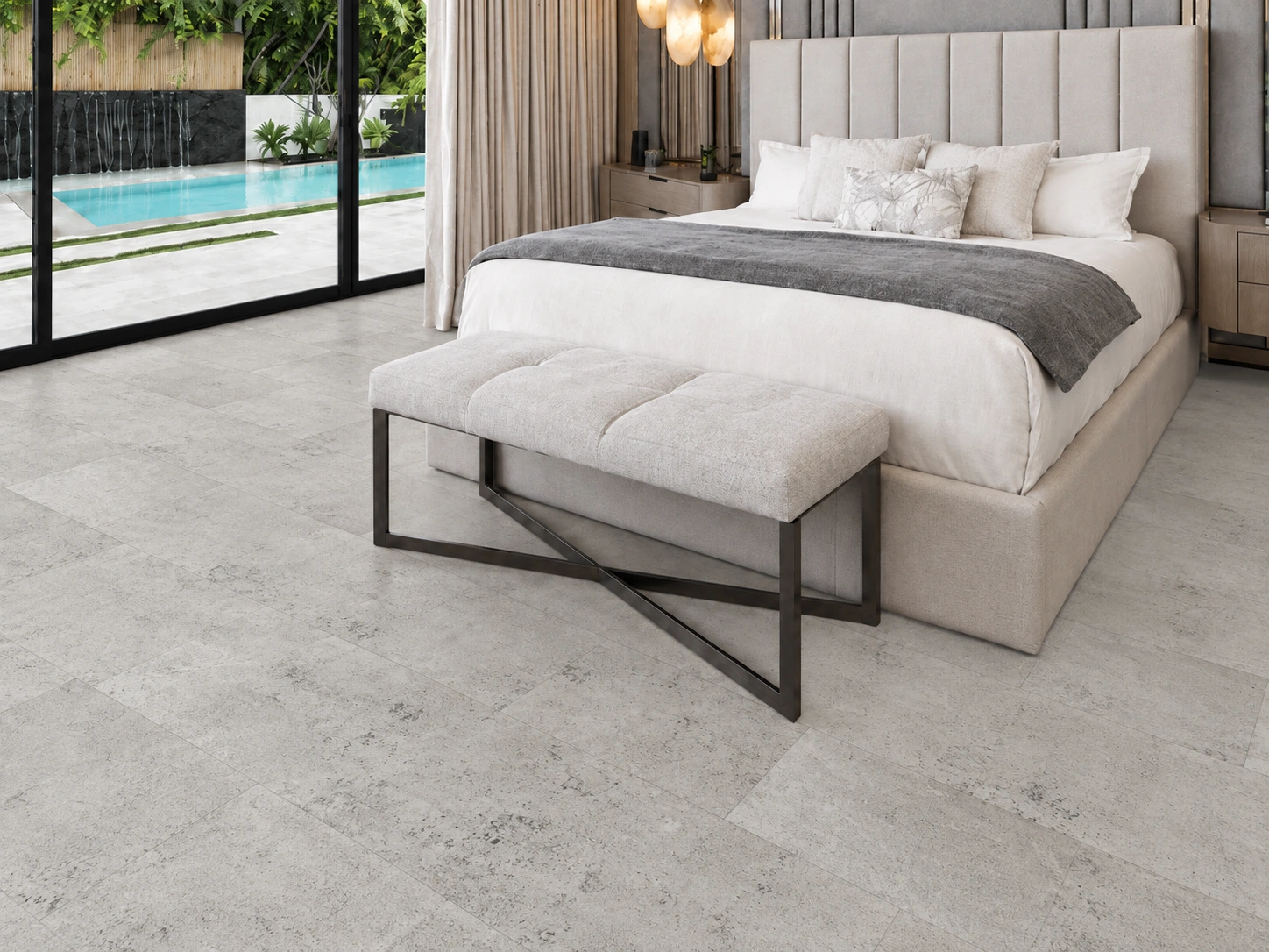 Warm Stone installed flooring in a furnished daylight interior; accurate product scale visualization (FWmSt11)