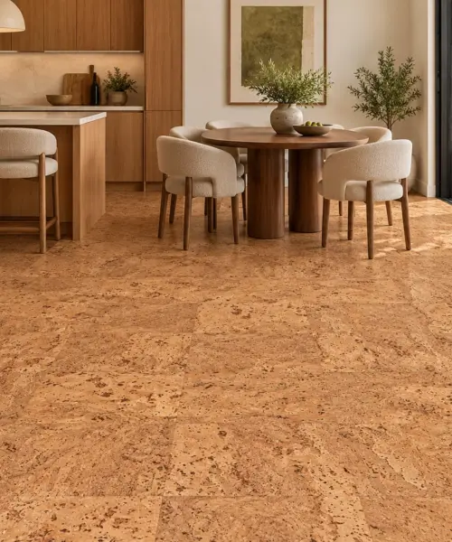 Umber installed flooring in a furnished daylight interior; accurate product scale visualization (GUmb6)