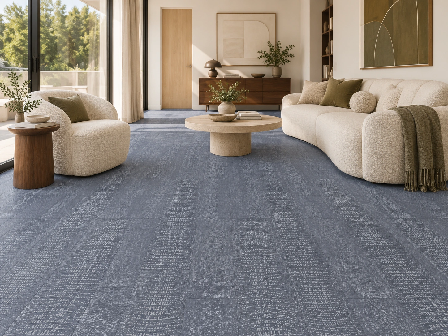 Serpent Luxe installed flooring in a furnished daylight interior; accurate product scale visualization (LSL10.5)