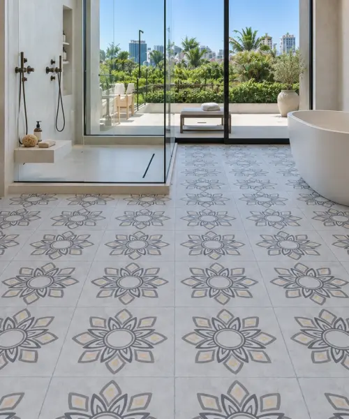 Classic Porcelain installed flooring in a furnished daylight interior; accurate product scale visualization (MCPor7.5)