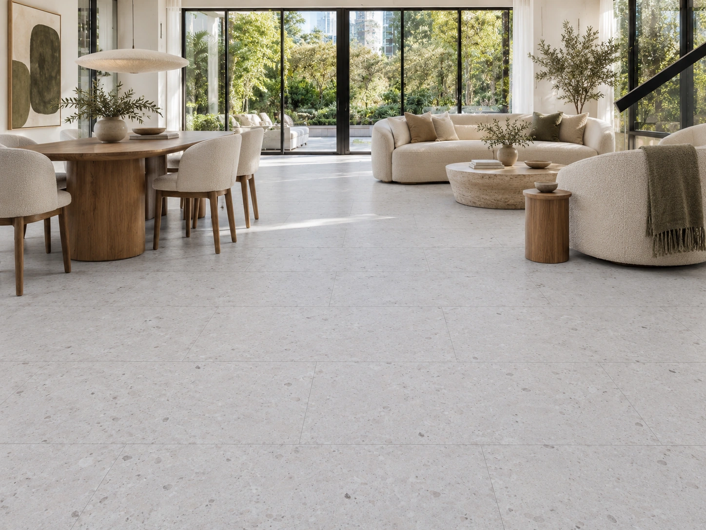 Matera Blend - 19/64&Quot; (7.5Mm) - Swiss Techslate (Mmatbd7.5) Matera Blend -19/64&Quot; (7.5Mm) Installed Flooring In A Furnished Daylight Interior; Accurate Product Scale Visualization (Mmatbd7.5)