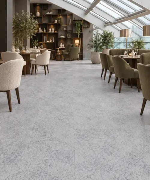 Vintage Stone installed flooring in a furnished daylight interior; accurate product scale visualization (MVinSt7.5)