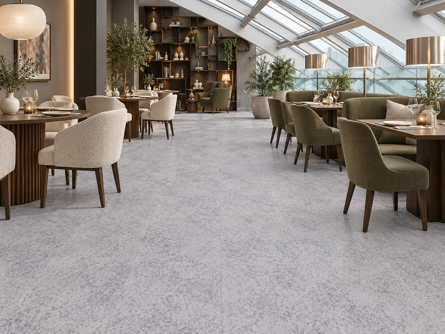 Vintage Stone - 19/64&Quot; (7.5Mm) - Swiss Techslate (Mvinst7.5) Vintage Stone Installed Flooring In A Furnished Daylight Interior; Accurate Product Scale Visualization (Mvinst7.5)