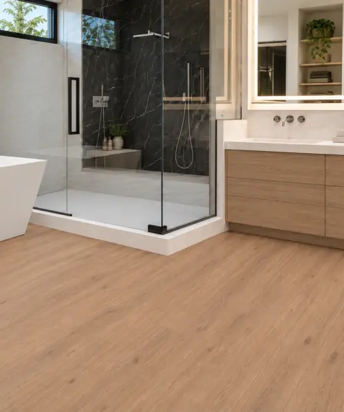 Honey Oak installed flooring in a furnished daylight interior; accurate product scale visualization (NHonO9.5)