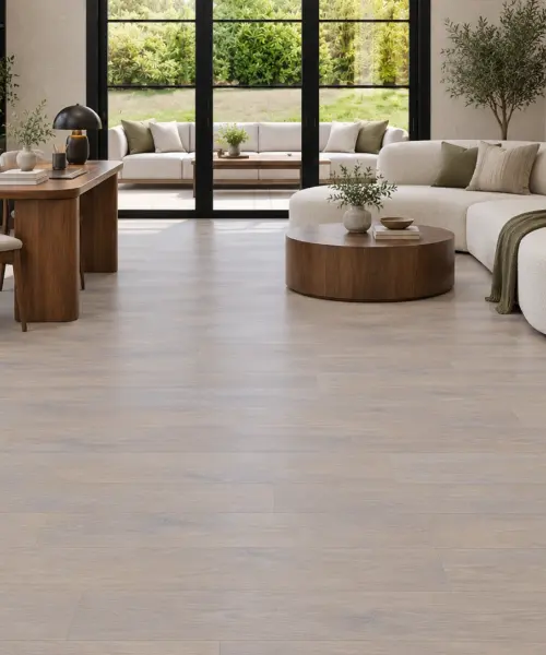 Nordic Oak installed flooring in a furnished daylight interior; accurate product scale visualization (NNorO9.5)