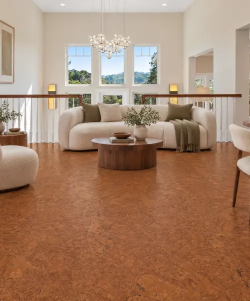 Autumn Ripple installed flooring in a furnished daylight interior; accurate product scale visualization (PF3323WME-8.0)