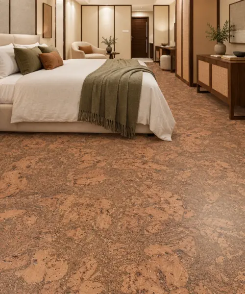 Tasmanian Burl installed flooring in a furnished daylight interior; accurate product scale visualization (PF3333VML-6.0)