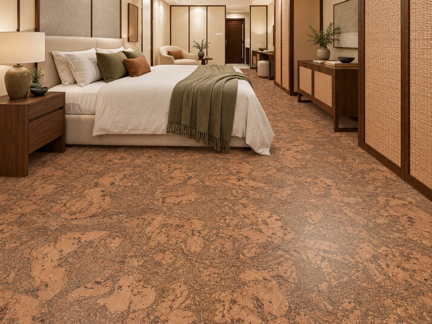 Tasmanian Burl - 1/4&Quot; (6Mm) - Cork Glue Down Tile (Gtbu6) Tasmanian Burl Installed Flooring In A Furnished Daylight Interior; Accurate Product Scale Visualization (Pf3333Vml-6.0)