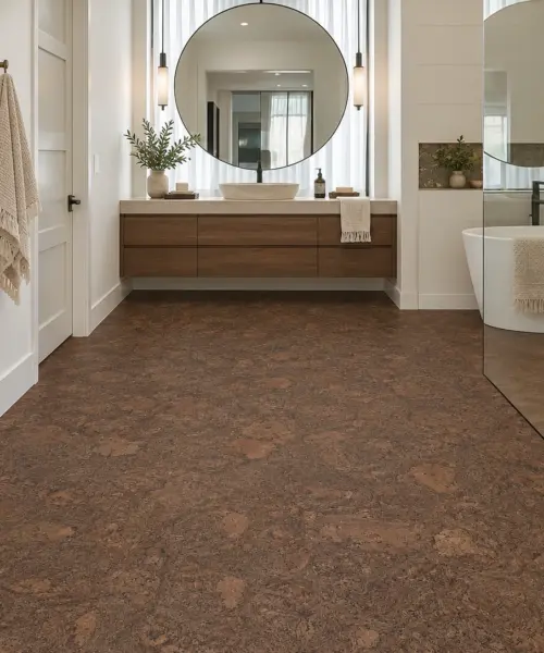 Walnut Burlwood installed flooring in a furnished daylight interior; accurate product scale visualization (PF3333VPT-8.0)
