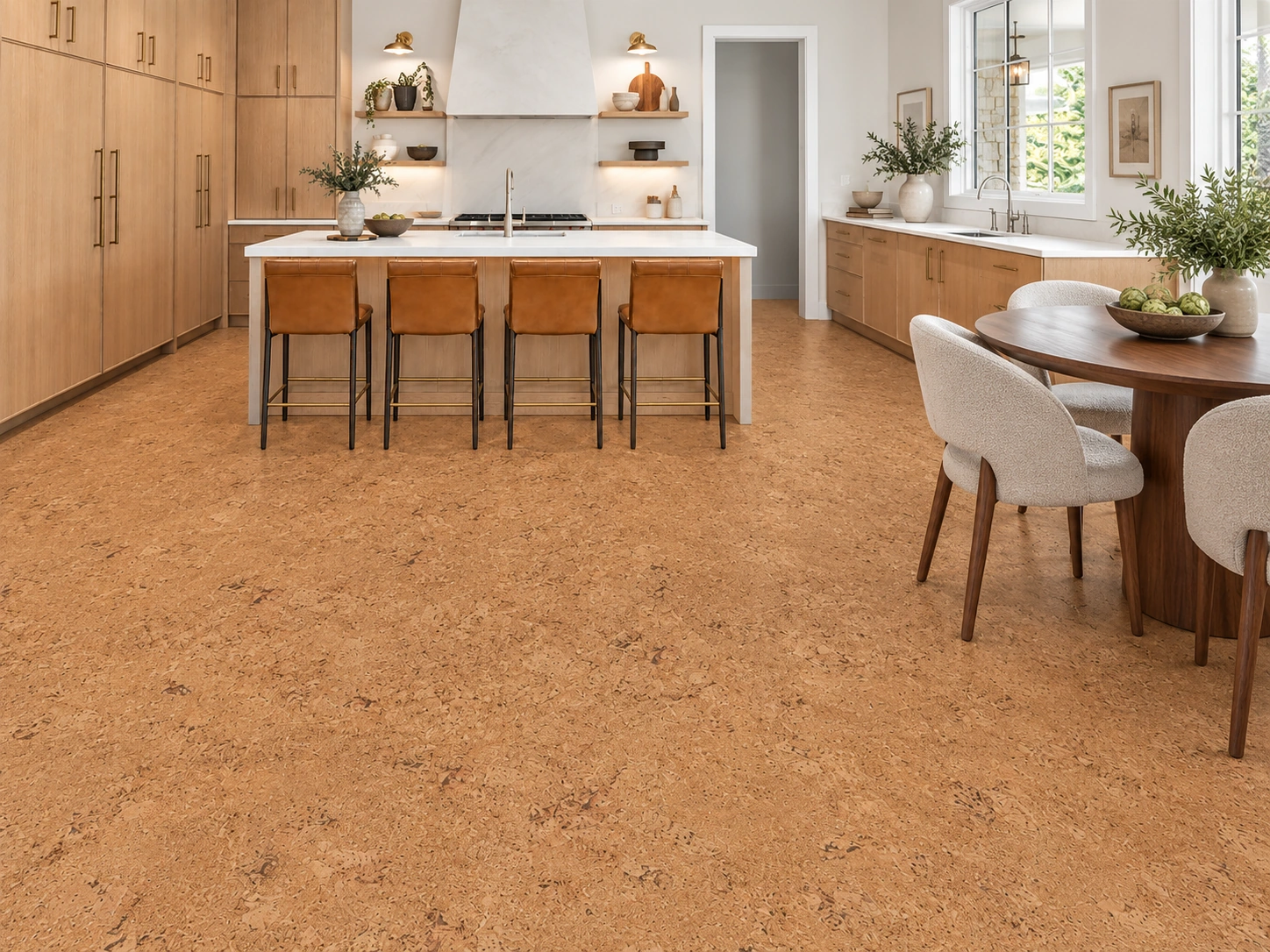 Salami - 1/4&Quot; (6Mm) - Cork Wall Tile Glue Down (Gsal6) Salami Installed Flooring In A Furnished Daylight Interior; Accurate Product Scale Visualization (Pf3344Vnn-6.0)