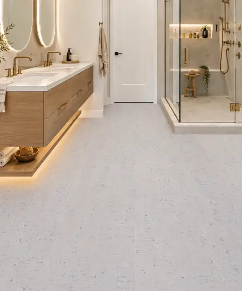 White Bamboo installed flooring in a furnished daylight interior; accurate product scale visualization (PF3378VWN-6.0)