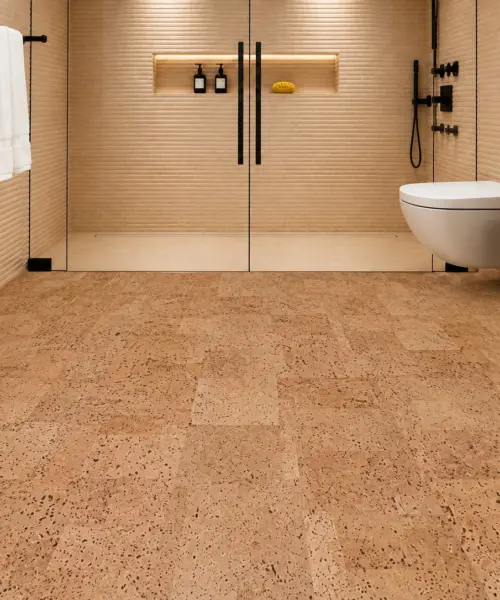 Leather installed flooring in a furnished daylight interior; accurate product scale visualization (PF3384VNN-6.0)