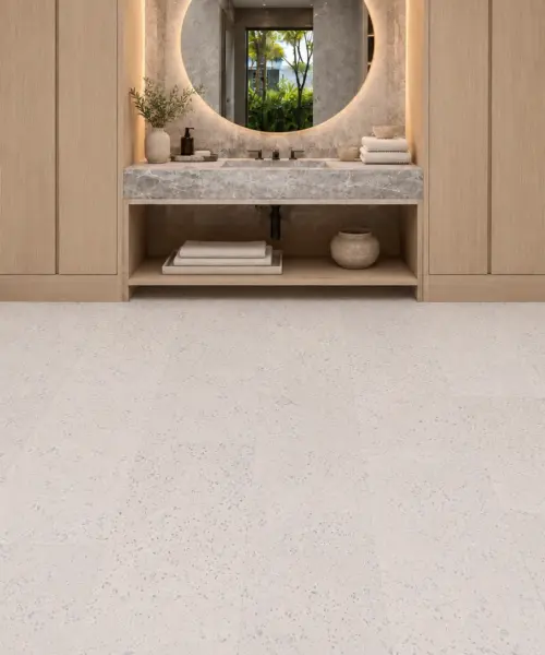 White Leather installed flooring in a furnished daylight interior; accurate product scale visualization (PF3384VWN-6.0)