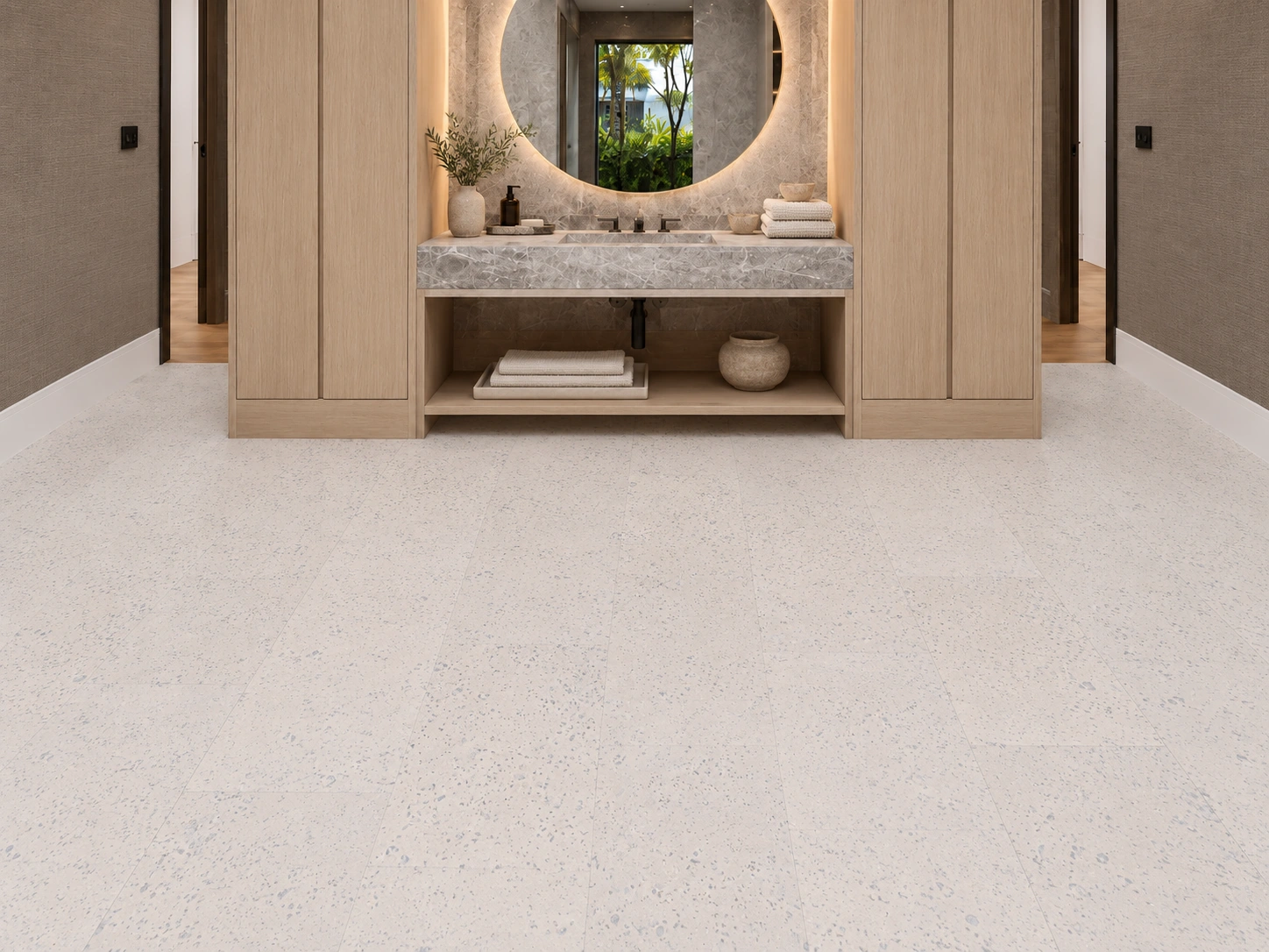 White Leather - 1/4&Quot; (6Mm) - Cork Glue Down Tile (Gwl6) White Leather Installed Flooring In A Furnished Daylight Interior; Accurate Product Scale Visualization (Pf3384Vwn-6.0)