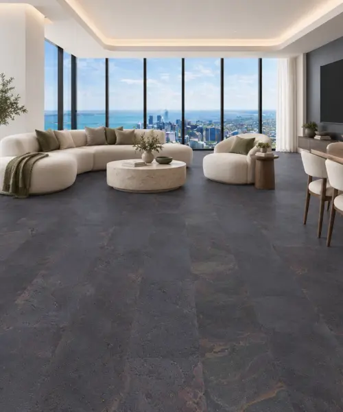Rainbow Slate installed flooring in a furnished daylight interior; accurate product scale visualization (RRain11)