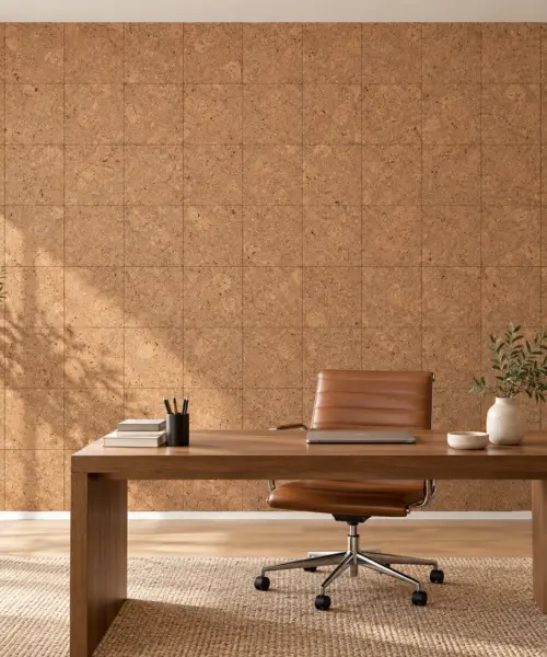 Solara cork wall installed in a furnished interior, product scale visualization (GSol6)