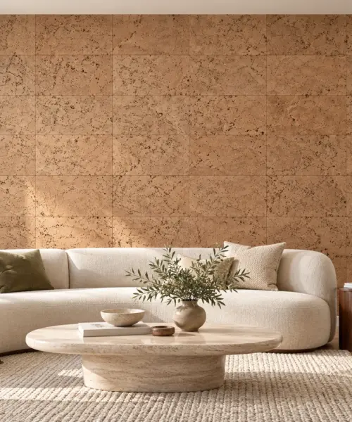 Logan - 1/4&Quot; (6Mm) - Cork Glue Down Tile (Glo6) Logan Cork Wall Installed In A Furnished Interior, Product Scale Visualization (Pf3101Vnn-6.0)