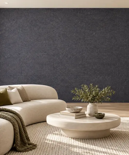 Jet Black - 5/16&Quot; (8Mm) - Cork Glue Down Tile (Gjb8) Jet Black Cork Wall Installed In A Furnished Interior, Product Scale Visualization (Pf3209Vbe-8.0)