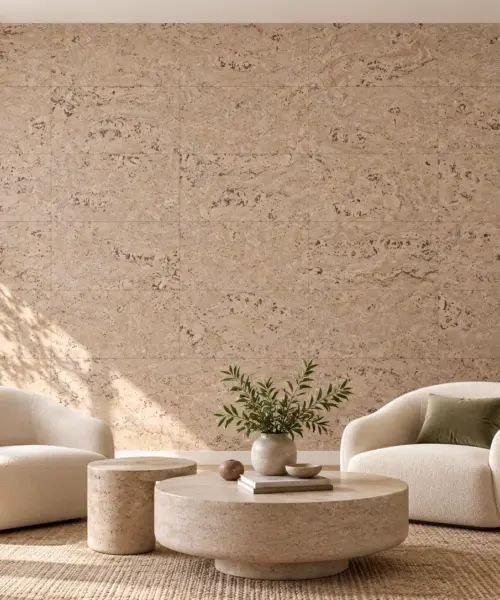Ceramic Marble - 1/4&Quot; (6Mm) - Cork Glue Down Tile (Gcm6) Ceramic Marble Cork Wall Installed In A Furnished Interior, Product Scale Visualization (Pf3323Vcn-6.0)