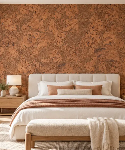 Tasmanian Burl - 1/4&Quot; (6Mm) - Cork Glue Down Tile (Gtbu6) Tasmanian Burl Cork Wall Installed In A Furnished Interior, Product Scale Visualization (Pf3333Vml-6.0)