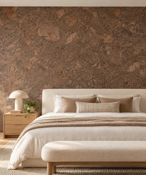 Walnut Burlwood - 5/16&Quot; (8Mm) - Cork Glue Down Tile (Gwbu8) Walnut Burlwood Cork Wall Installed In A Furnished Interior, Product Scale Visualization (Pf3333Vpt-8.0)