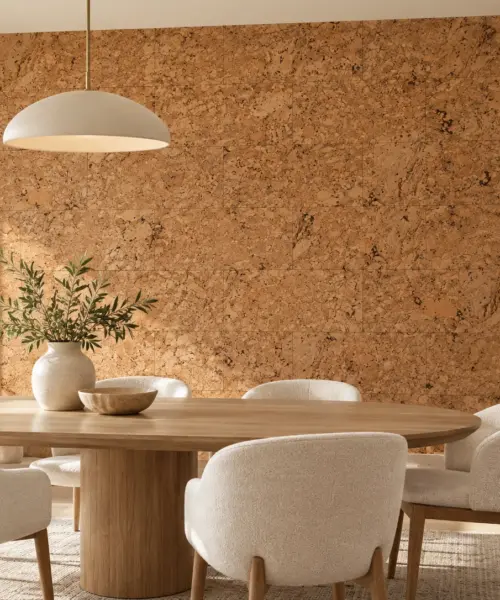 Salami - 1/4&Quot; (6Mm) - Cork Wall Tile Glue Down (Gsal6) Salami Cork Wall Installed In A Furnished Interior, Product Scale Visualization (Pf3344Vnn-6.0)