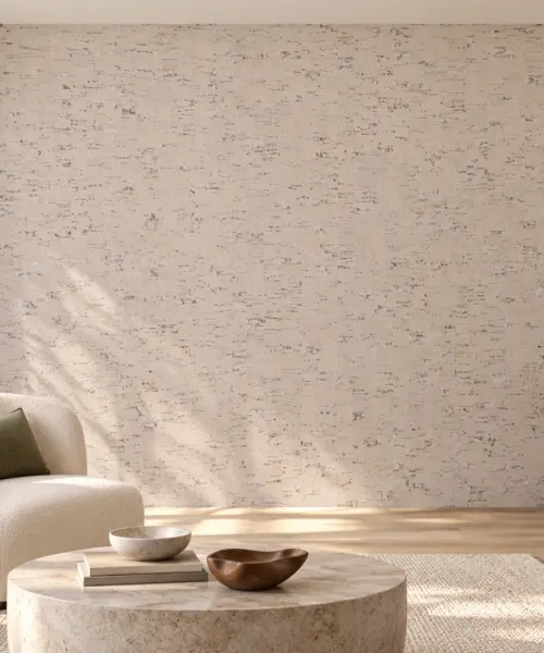 Bleached Birch cork wall installed in a furnished interior, product scale visualization (PF3378VCC-6.0)