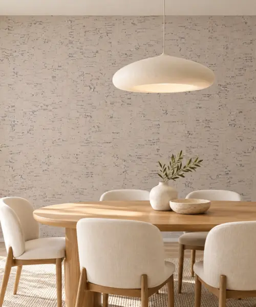 Bleached Birch - 5/16&Quot; (8Mm) - Cork Glue Down Tile (Gbb8) Bleached Birch Cork Wall Installed In A Furnished Interior, Product Scale Visualization (Pf3378Vcc-8.0)