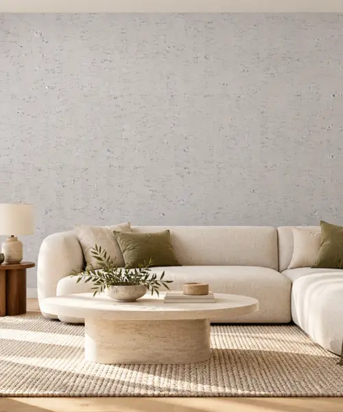 White Bamboo - 1/4&Quot; (6Mm) - Cork Glue Down Tile (Gwb6) White Bamboo Cork Wall Installed In A Furnished Interior, Product Scale Visualization (Pf3378Vwn-6.0)