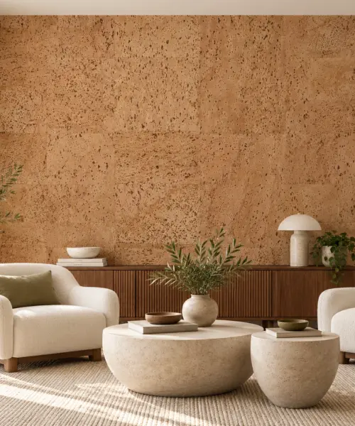Leather cork wall installed in a furnished interior, product scale visualization (PF3384VNN-6.0)
