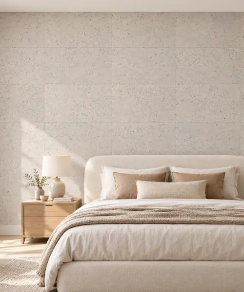 White Leather - 1/4&Quot; (6Mm) - Cork Glue Down Tile (Gwl6) White Leather Cork Wall Installed In A Furnished Interior, Product Scale Visualization (Pf3384Vwn-6.0)
