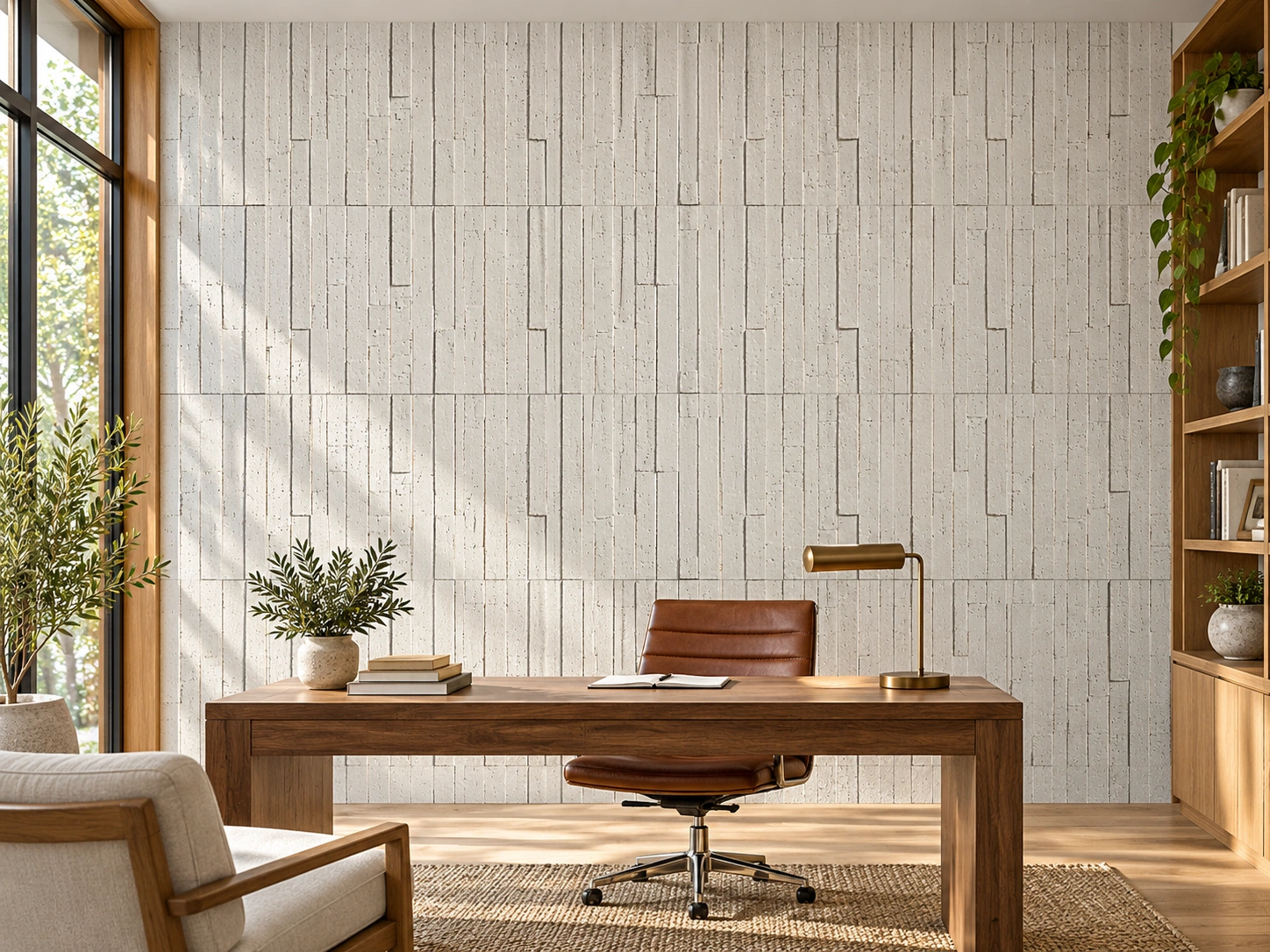 Arctic Slate cork wall installed in a furnished interior, product scale visualization (WArcSlt12)