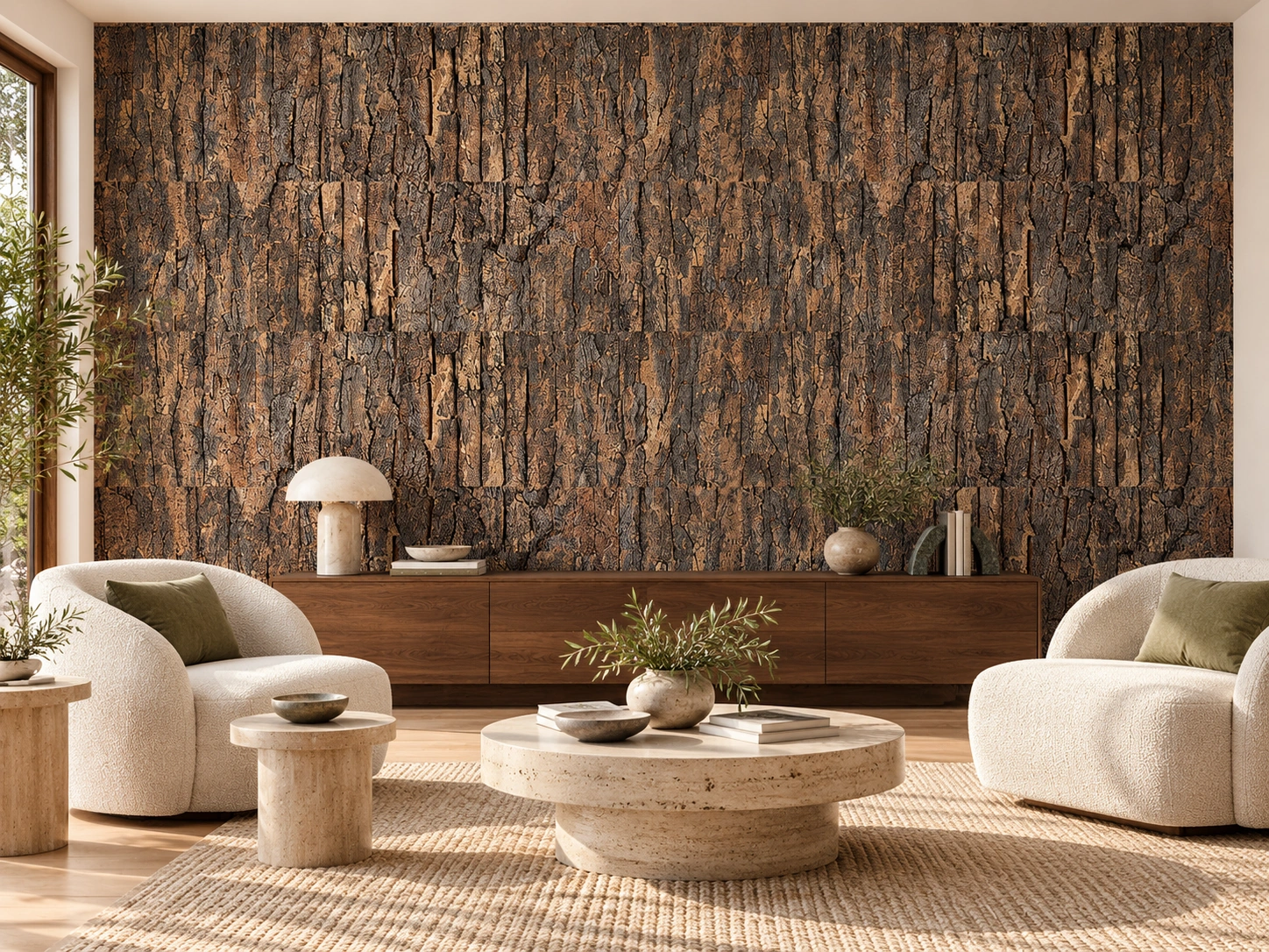 Cork Bark - 63/64&Quot; (25Mm) - 3D Acoustic Cork Wall Panels (Wcb25) Cork Bark Cork Wall Installed In A Furnished Interior, Product Scale Visualization (Wcb25)