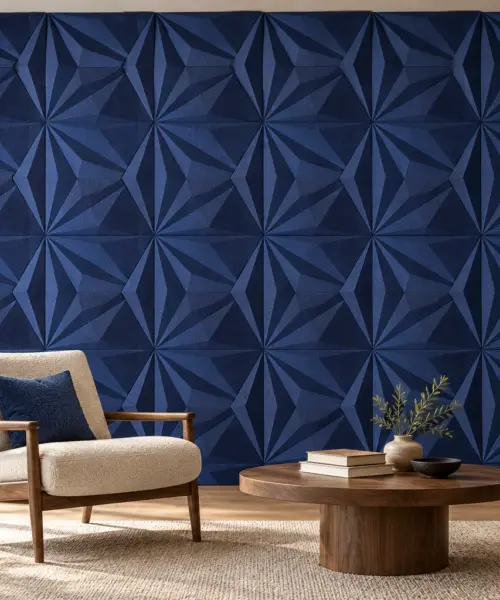 Diamond Deep Blue cork wall installed in a furnished interior, product scale visualization (WDiBl30)