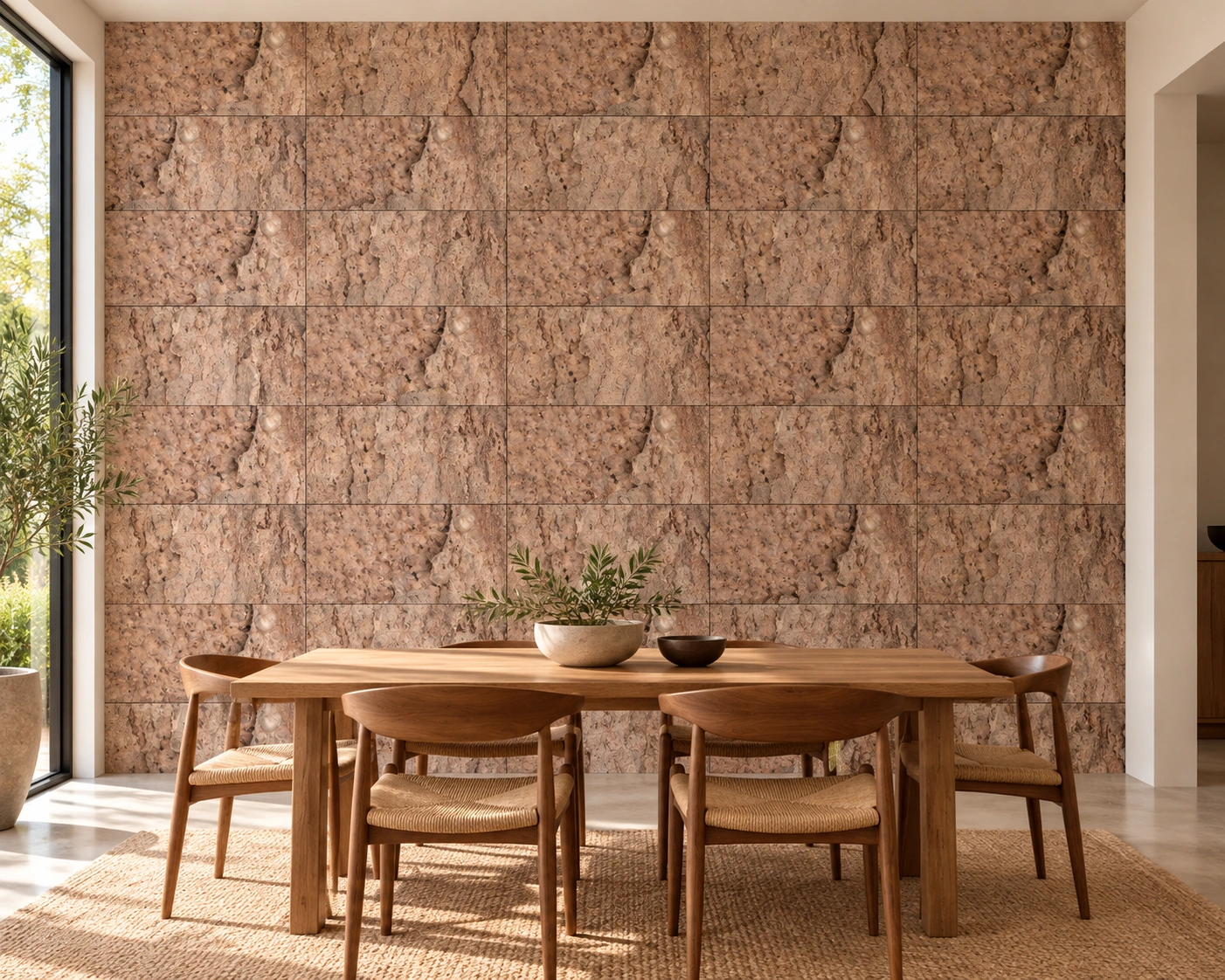 EarthHue cork wall installed in a furnished interior, product scale visualization (WEthHu30)
