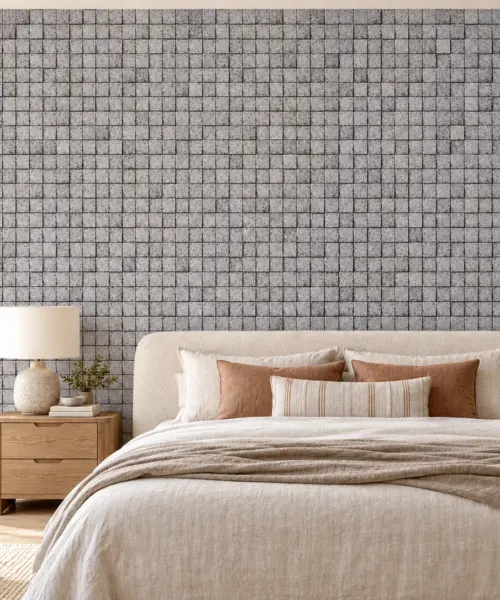 Gray Cubes cork wall installed in a furnished interior, product scale visualization (WGCu10)