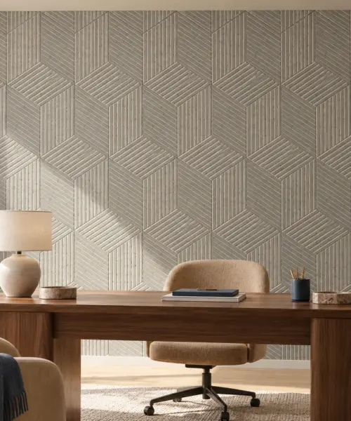 Gray Rigato cork wall installed in a furnished interior, product scale visualization (WGR11)
