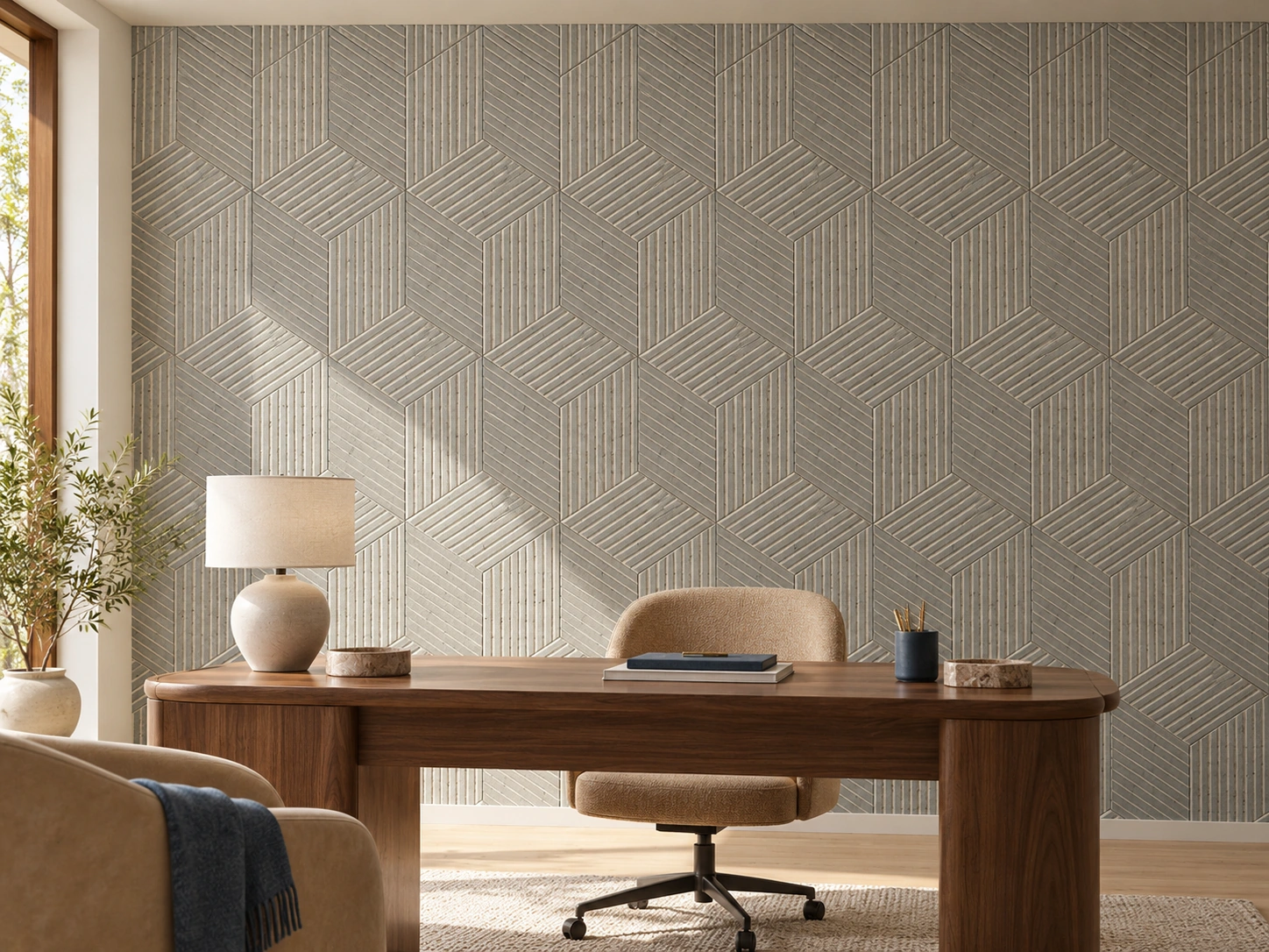 Gray Rigato cork wall installed in a furnished interior, product scale visualization (WGR11)