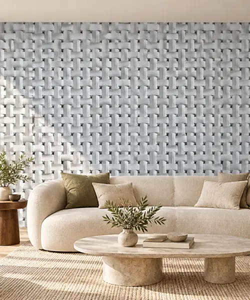 Greece White cork wall installed in a furnished interior, product scale visualization (WGWh25)