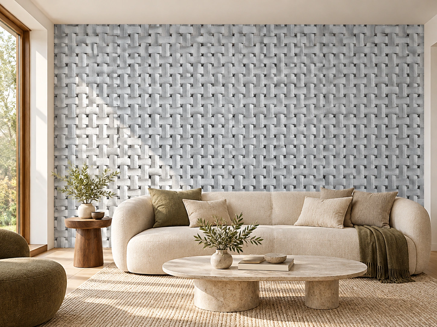 Greece White cork wall installed in a furnished interior, product scale visualization (WGWh25)