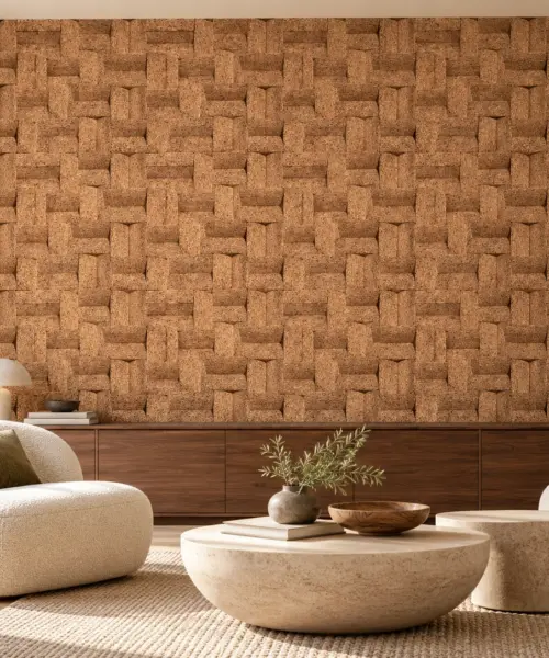 Greece Wood cork wall installed in a furnished interior, product scale visualization (WGWo25)