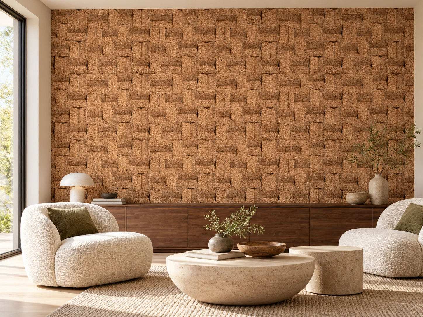 Greece Wood cork wall installed in a furnished interior, product scale visualization (WGWo25)