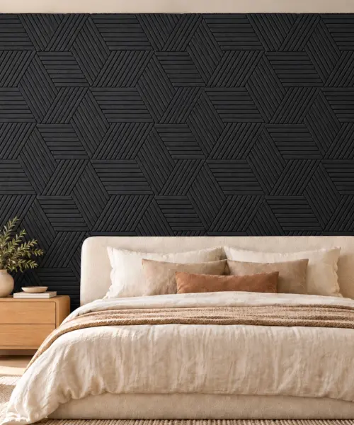 Linear Wood Black cork wall installed in a furnished interior, product scale visualization (WLWoBk10)