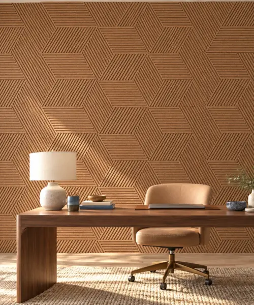 Linear Wood Natural cork wall installed in a furnished interior, product scale visualization (WLWoN10)